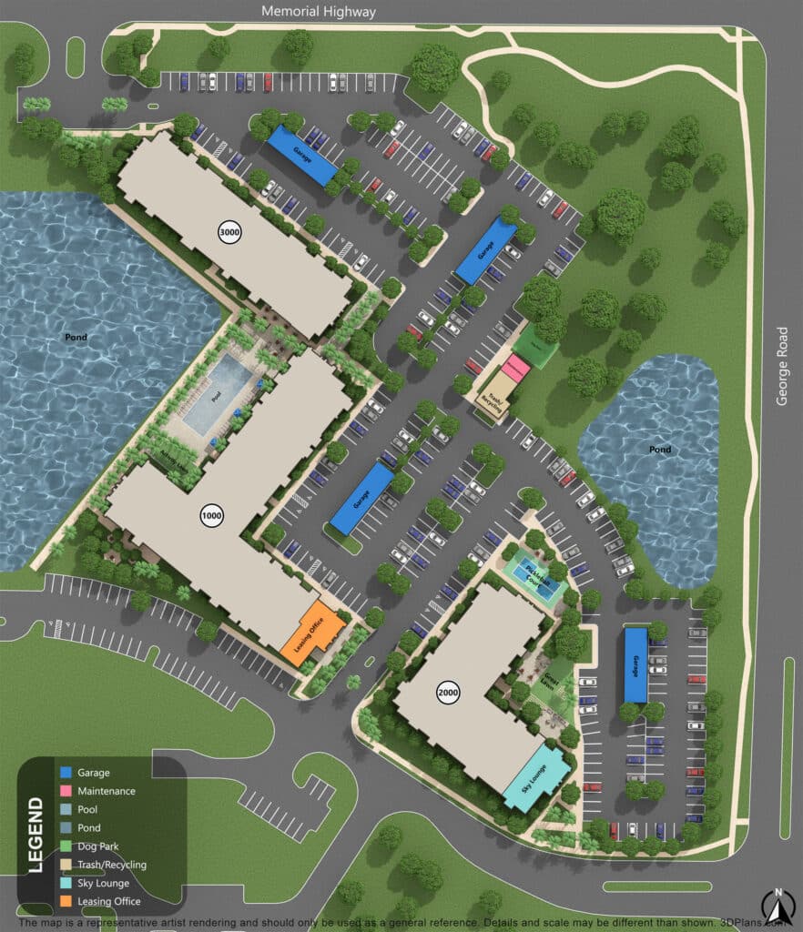 Aerial site map of an apartment complex showing buildings, parking lots, garages, pool, dog park, pond, driveways, and green spaces, with a labeled legend and surrounding roads.