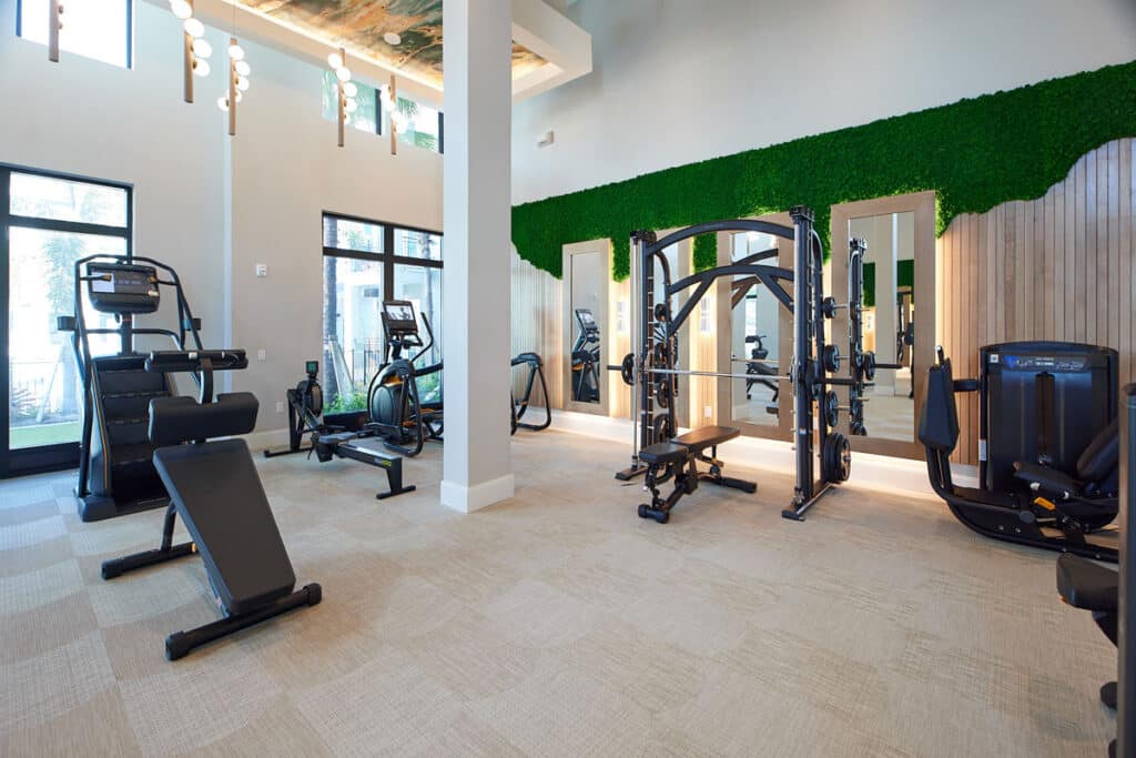 Modern gym with workout machines, benches, mirrored walls, green plant decor, and large windows allowing natural light into the spacious, clean room.