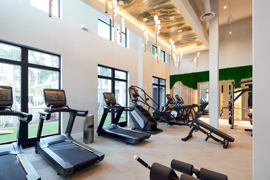 Modern gym with treadmills, elliptical machines, and weight equipment, featuring large windows, bright lighting, and a green accent wall.
