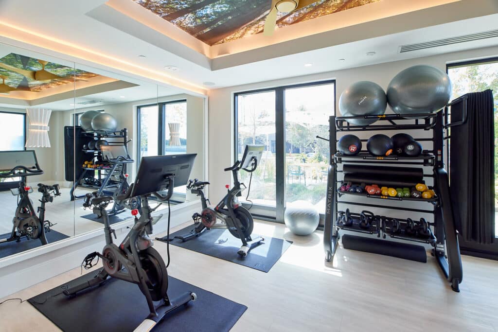 Home gym with two stationary bikes, mirror wall, exercise balls, weight racks with dumbbells and kettlebells, mats, and large windows providing natural light.