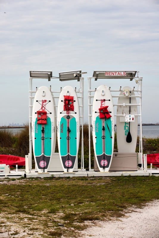 Three paddleboards with red life jackets are displayed upright at a rental station near a body of water, with a “RENTALS” sign above them.