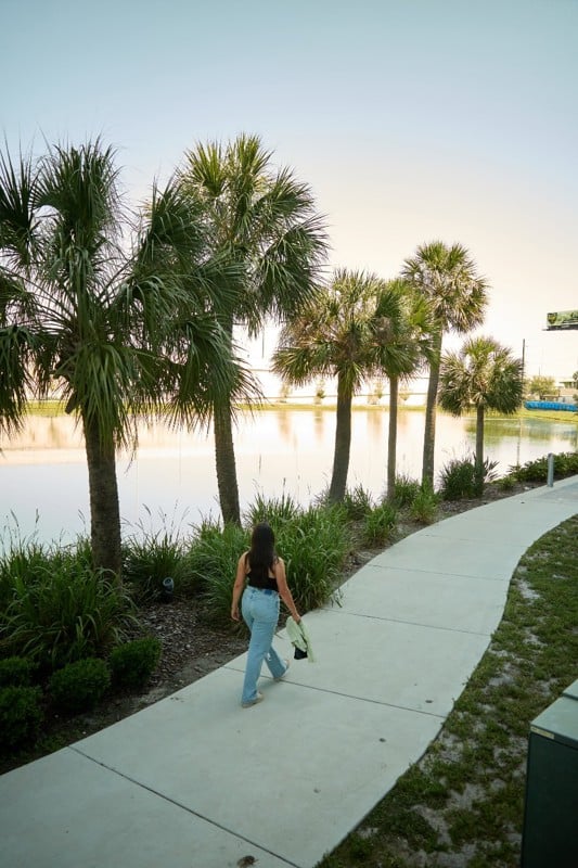 A woman walks on a curved sidewalk beside a lake lined with palm trees under a clear sky.