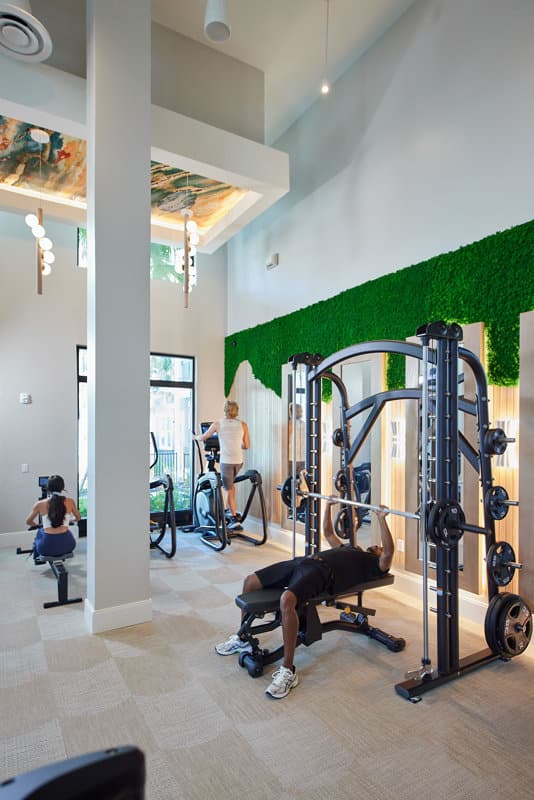 Three people exercise in a modern gym; one uses a rowing machine, another is on an elliptical, and a third person is bench pressing weights on a smith machine.